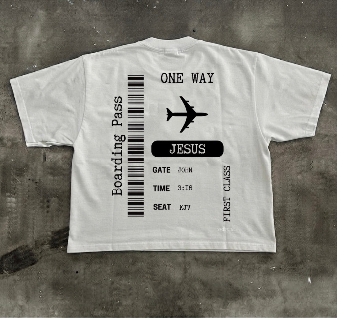 HIGHWAY TO HEAVEN T-shirt featuring a boarding pass design with Jesus theme.