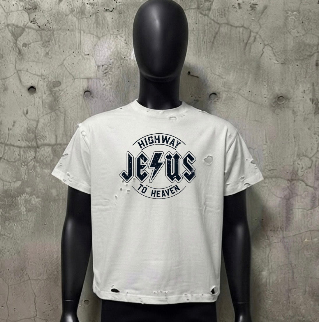 HIGHWAY TO HEAVEN T-shirt featuring a distressed design with a bold Jesus graphic on a white background.