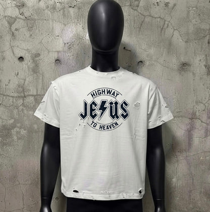HIGHWAY TO HEAVEN T-shirt featuring a distressed design with a bold Jesus graphic on a white background.